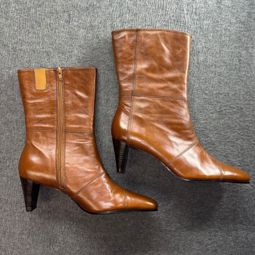 Moda Spana Womens Cognac Brown Leather Square Toe Mid Calf Zip Boots Size 10M